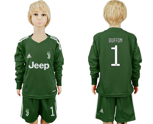 Juventus #1 Buffon Green Goalkeeper Long Sleeves Kid Soccer Club Jersey